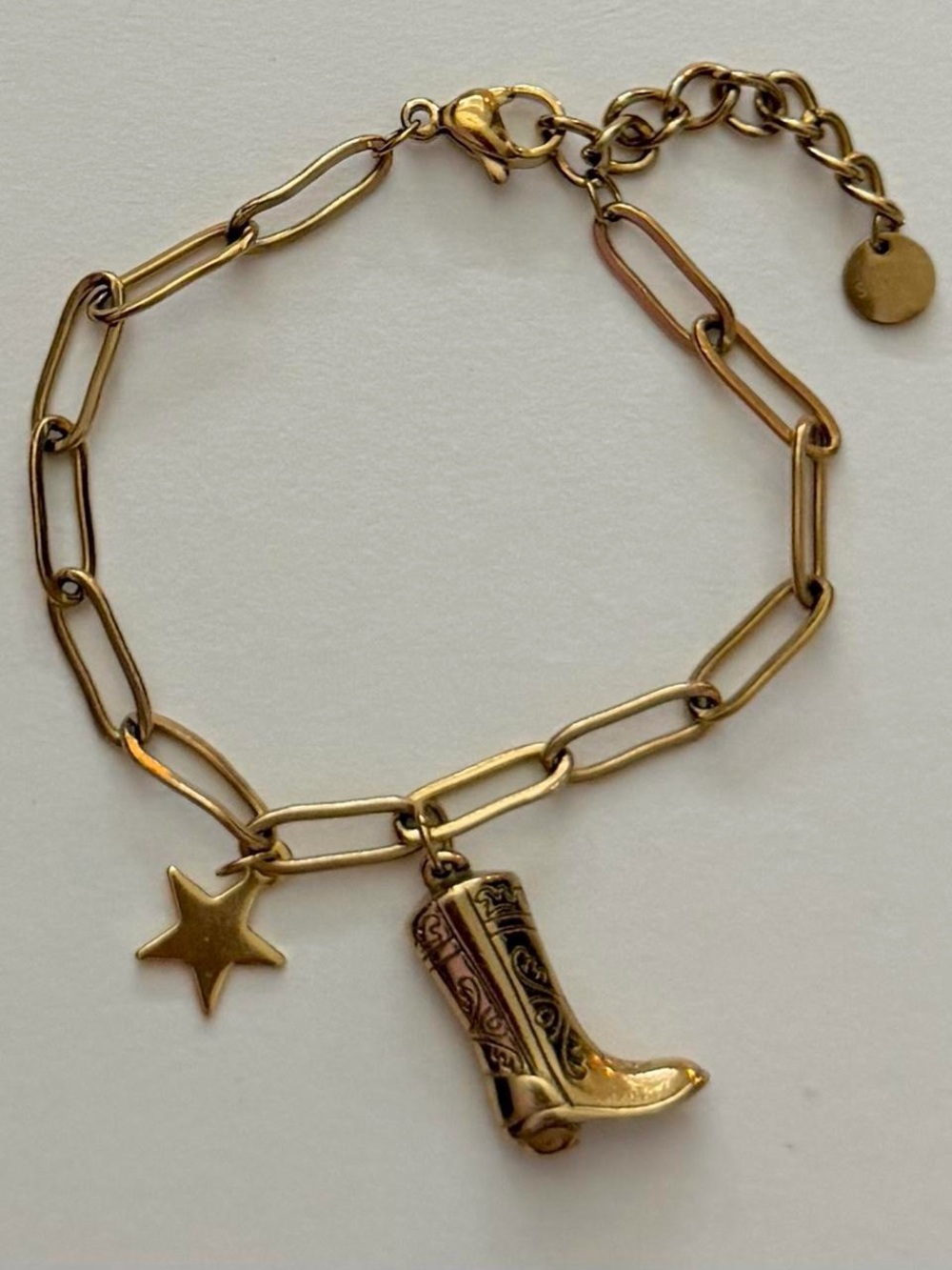 gold stainless steel cowboy boot + star charm paperclip chain bracelet